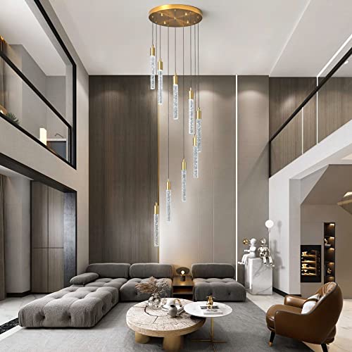 Image of 9-Light Modern Living Room Chandelier Gold Brass Finish Crystal Ceiling Pendant Lights LED Dimmable 54W 6000K Staircase Large Chandeliers for Entryway Lobby Foyer High Ceiling Chandeliers