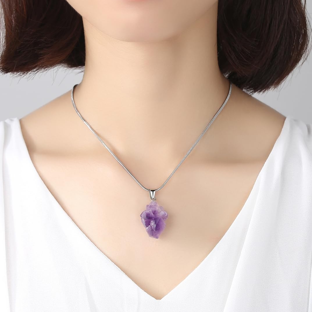 coai Collana da Donna in Acciaio Inox con Ciondolo di Ametista Grezza Naturale, Collana Ametista Grezza da Donna