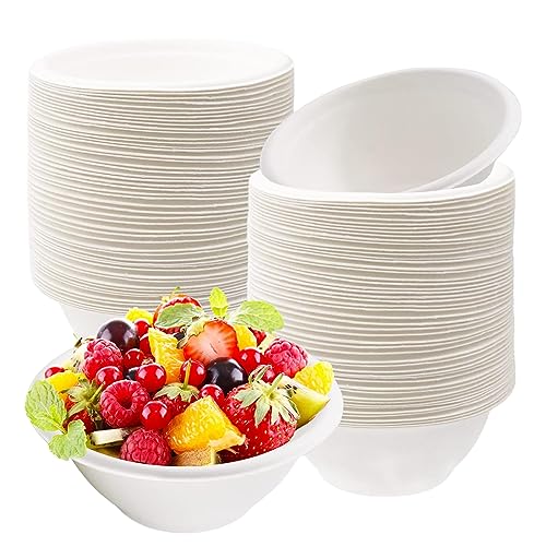 100 blancos Cuencos Desechables de Papel,220ml Cuencos Caña de Azúcar con Aperitivos Papas Fritas,Vajilla Desechables Ecológica y Biodegradable para Reuniones Celebraciones y Barbacoa Picnics Fiesta
