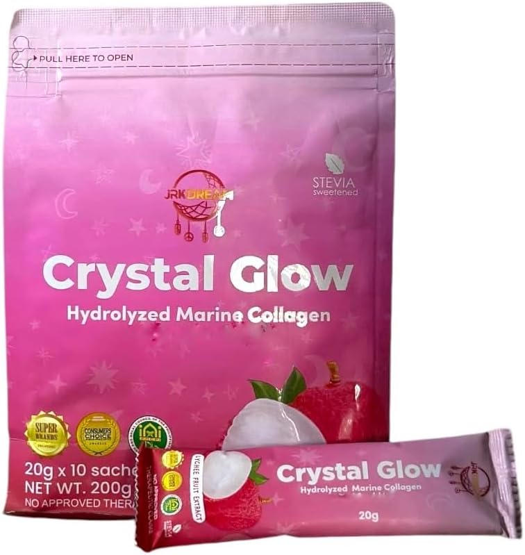 Crystal Glow Hydrolyzed Marine Collagen Mix with Glutathione & Lychee Extract, 10 Sachets