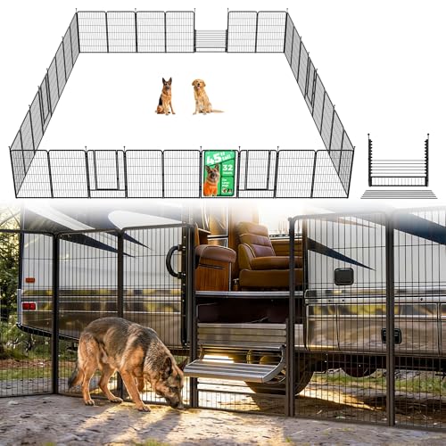 Image of FXW Instant Dog Playpen with RV Step Grid for RV Camping, 45 inch H, 32 Panels | Quick-Setup & Heavy-Duty Play Yard, Helps Close Stair Gaps, Fits 26 inch RV Step Opening, For Large Dogs, Patented