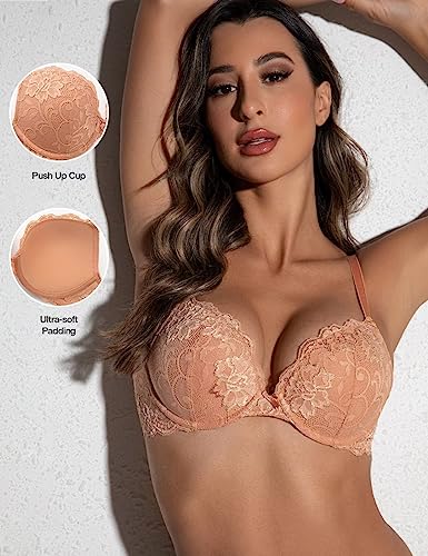 Deyllo Women’s Push Up Lace Bra Comfort Padded Underwire Bra Lift Up Add One Cup(Orange,38Dd) #TOP2