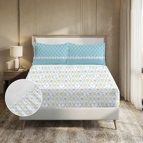 Image of MYTRIDENT Soft Comfort Bedsheet for Double Bed King Size | 182 cm x 198 cm + 30 cm | 200 TC, Sateen Weave, 100% Cotton, Elastic fittedsheet with 2 Pillow Covers and Breathable - Fiona