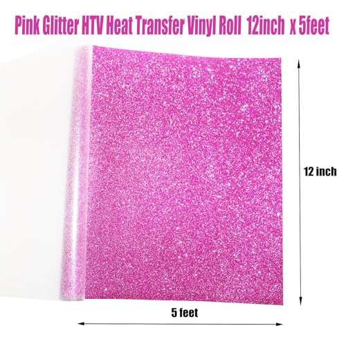 Image of Pink Glitter Heat Transfer Vinyl Rolls Pink HTV Vinyl Iron 12inch x 5feet Iron on Vinyl for T-Shirts DIY Design, Silhouette Cameo & Heat Press Machine Vinyl Glitter