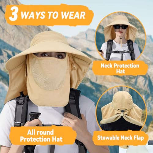 Image of Sun Hats for Men Women Detachable Face Cover Wide Brim Fishing Hats with Neck Flap UPF 50+ Outdoor Safari Hats