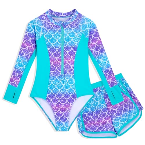 HOZIY Girls Rash Guard Swimsuit 2 Piece Long Sleeve One Piece Front Zipper UPF 50+ Bathing Suits with Swim Shorts 6-14 Years 6-7 Years Blue Mermaid