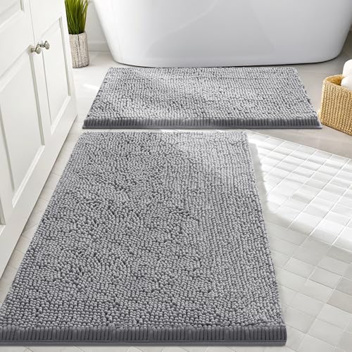 Image of Smiry Bathroom Rugs Sets 2 Piece, Soft Absorbent Chenille Machine Washable Non Slip Shaggy Bath Rug Set for Tub, Shower, and Floor (30x20+24x16, Grey)
