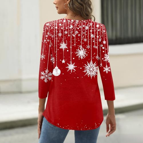 Image of Women Christmas Shirt 3 /4 Length Sleeve Henley Tops Xmas Outfits