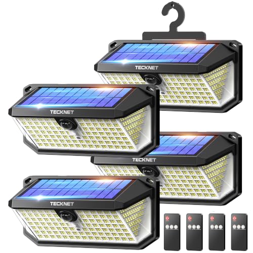 Image of TECKNET 546 LED Motion Sensor Outdoor Lights with Remote Control & Hook,7500LM Solar Lights Outdoor with 2200mAh & IP66 Waterproof, 300 Angle & 3 Modes, Solar Lights for Patio Fence Garage 4 Pack