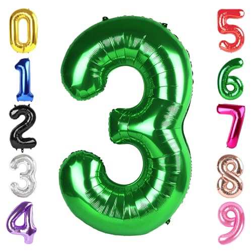 Image of 40 Inch Green Number 3 Balloon Birthday Party Decorations for Men & Women | 40 Inch Green inflatable foil number balloons, large birthday decorations for 3rd birthday