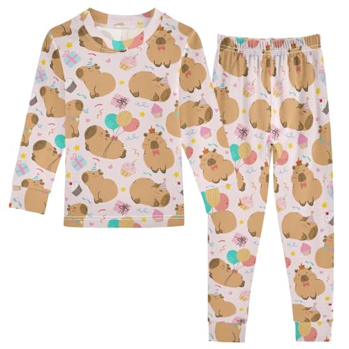 Cute Birthday Party Capybara Pink Cute Pajama Sets Long Sleeve Top and Pants, Snug Fit Sleepwear for Night Wears