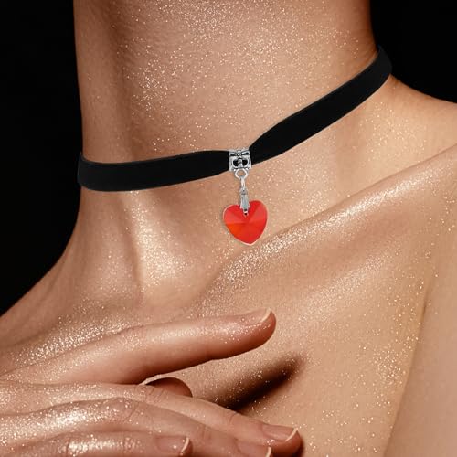 DIVINA VITAE Rot Choker Halsband Damen Schwarze Samt Herz Halskette Choker Herz Kette Vintage Gothic Verstellbare Halskette für Valentinstag Halloween Cosplay Party Schmuck Mädchen 80er 90er Deko