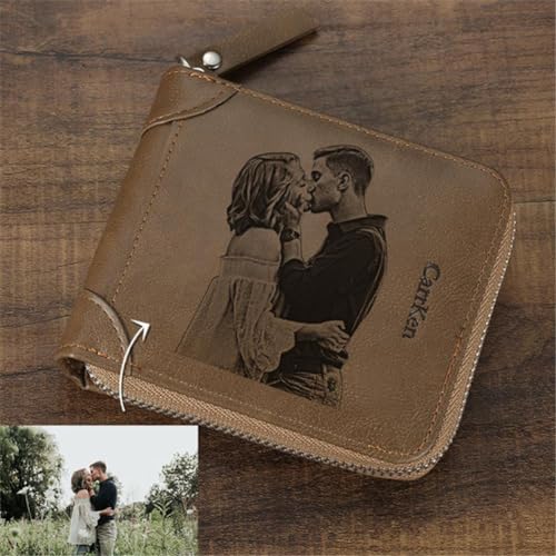 Personalized Photo Wallets for Men Custom Engraved Photo/Text Mens Small Wallets with Zipper Customized Wallet Gifts for Father's Day from Daughter Men Boyfriend Son Dad Husband4