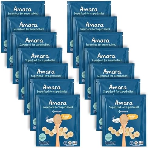 Amara Organic Baby Food - Stage 1 - Banana - Baby Cereal to Mix With Breastmilk, Water or Baby Formula - Shelf Stable Baby Food Pouches Made from Organic Fruit - 14 Pouches, 3.5oz Per Serving