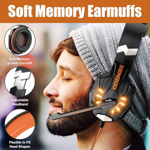 Image of BENGOO G9000 Stereo Gaming Headset for PS4, PC, Xbox One Controller, Noise Cancelling Over Ear Headphones with Mic, LED Light, Bass Surround, Soft Memory Earmuffs (Orange)