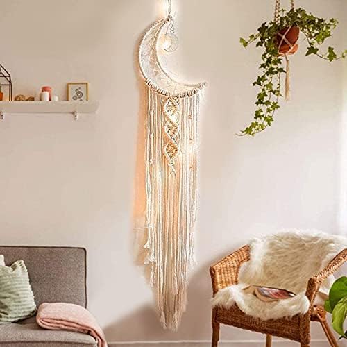 Macrame Woven Wall Hanging Moon Dream Catcher,Bohemian Handmade Room Hanging Tapestry,Wedding Decoration Crafts,Boho Chic Bohemian Home Decor Wall Art Decor,Ornament for Home Decor Gift(Moon)