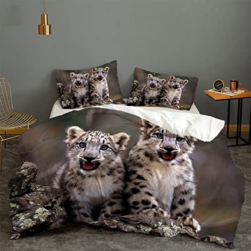 Housse De Couette 200x200cm Léopard des Neiges Animal Blanc Microfibre Parure Housse Couette avec Fermeture éClair + 2 Taies d'oreiller 65x65cm,Housse De Couette 3D Imprimé Cover