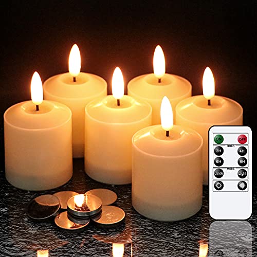 Image of GenSwin Flameless Waterproof Pillar Candles Flickering with Remote & Timer, Battery Operated LED Votive 3D Wick Candles for Indoor Outdoor Lanterns 6 Pack Ivory(Battery Include, 2 x 3.2 Inch)