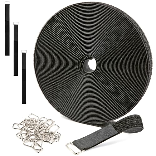 Image of 1 inch x 40ft Reusable Cable Straps Roll with 50 Metal Buckles Adjustable Cut-to-Length Nylon Cable Ties and Fastening Straps for Organizing and Storage Black
