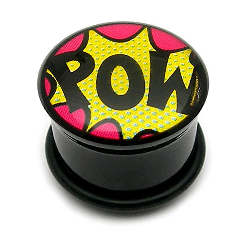Acrylique Comic POW Plug. Taille 16 mm Calibre. Écarteur. Écarteur d'oreille. Fiche de selle. Plug d'oreille. Tunnel. lobe Piercing. TDI Bijoux carte de Dimensionnement inclus.
