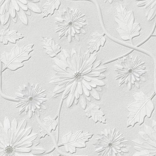 Yancorp 18'x396' Floral Wallpaper Peel and Stick Contact Paper for Bedroom Accent Wall White Gray Flowers Removable Wallpaper Boho Vintage Contact Paper for Kitchen FarmhouseDecorativ