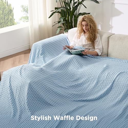 Image of Bedsure Cooling Cotton Waffle Oversized King Blanket - Lightweight Breathable Rayon Derived from Bamboo for Hot Sleepers, Luxury Throws for Bed and Sofa, Light Blue, 120x96 Inches