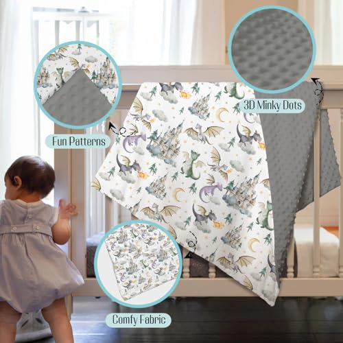Image of Mink Baby Boys Blanket Dragon Tale Castle, Watercolor Green Moon Clouds Stars Tree Soft Double Layer Dotted Backing Receiving Blankets, Newborn Infant Toddler Nursery Crib Bedding 30