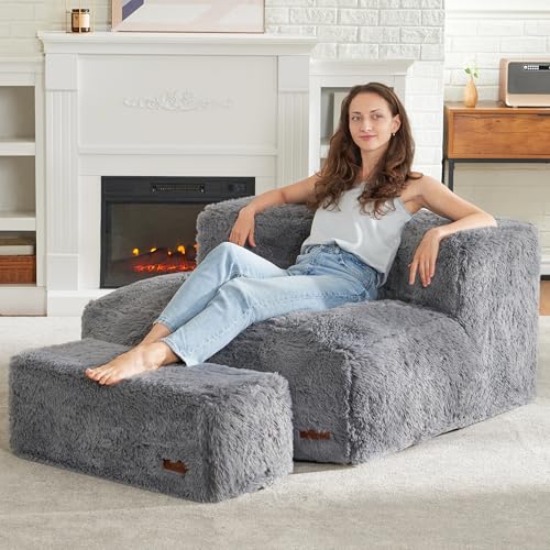 Hobestluk Big Bean Bag Chairs with Ottoman Large Bean Bag Chair for Adults Plush BeanBag Foam Chair Lazy Sofa with Footstool for Living Room, Bedroom, Apartment(Grey)