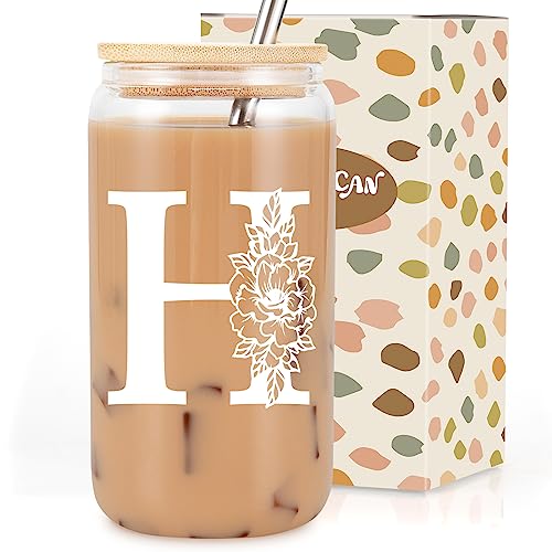 Image of Coolife Initial Glass Cup, Monogrammed Gifts for Women, 16 oz Tumbler w /Lid | Iced Coffee Smoothie Beer Tumbler w /Straw Lid - Personalized Christmas, Birthday Gifts for Woman Her Mom Friend