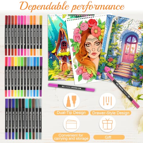 Image of 3Pcs Coloring Book for Women Relaxation, 72 Patterns Spiral Bound Mindfulness Coloring Books for Adult with 36 Dual-tip Markers, Dual Markers Brush Pens Stocking Stuffers, Anxiety Relief Gifts