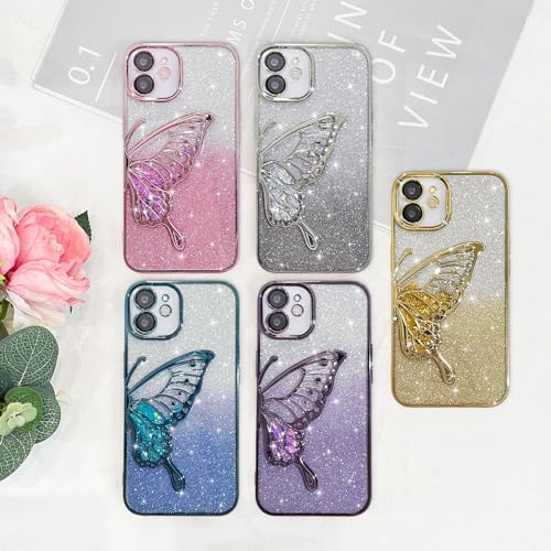Image of SHINESTAR 3D Butterfly Case for iPhone 12 Cover, Cute Girly Glitter Bling Luxury Back Cover for Women Girls Protective Shockproof Slim Camera Protection for iPhone 12 - Gold
