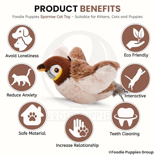 Image of Foodie Puppies Interactive 3 Mode Flapping Wings Bird Cat Toy with Catnip - (Flapping Sparrow) for Cats & Kittens I Touch Activated, Rechargeable, Chirping Sparrow Sound Plush Toys for AduIt Bored Cat