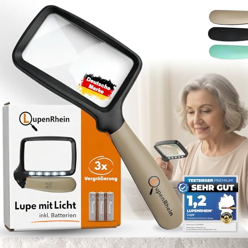 LupenRhein® Lupe mit Licht inkl. Batterien - 3X Vergrößerungsglas - Klappbare Leselupe mit Licht für Senioren groß - Handlupe mit LED Licht dimmbar - Hochwertige Lesehilfe für Senioren