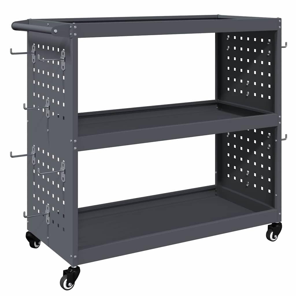 Carrello portautensili antracite in acciaio laminato a freddo, 75 x 35 x 73 cm, con 3 ripiani e 12 ganci, ruote bloccabili per officina e garage