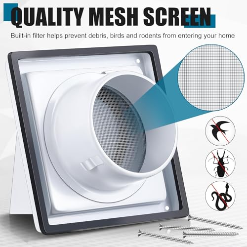 Image of Gisafai 6 Inch Dryer Vent Cover Outdoor with Stainless Steel Screen White Wall Dryer Exhaust Vent Cover External Cap Cushioned Non Return Flap with Sealing Gasket Grille, Bird /Insect Proof