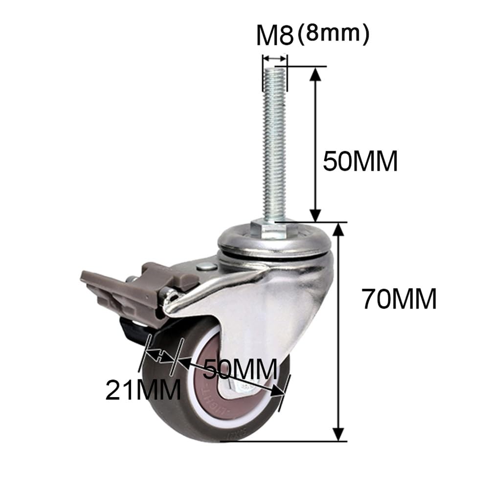 2-Zoll-Möbelrollen Mit Gewindeschaft, M8, Drehbar, 4Er-Set, Babybettrollen, Leise, Mit Bremse, Feststellbare Gummirolle, 150 Kg Tragkraft