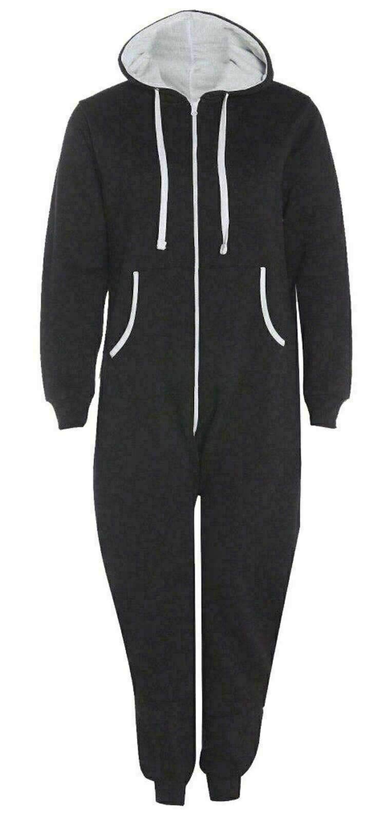 FAIRY TRENDZ LTD Mens Plain Zipper Onesie Unisex Onepiece All in One Hooded Zip Up Overall Jumpsuit Playsuit (Black 5X Large)