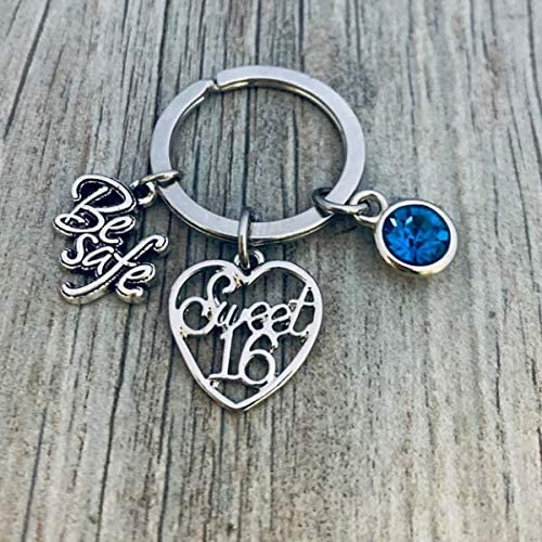 Sweet 16 Keychain with Be Safe Charm and Birthstone – Heart Shaped Stainless Steel Gift for Teen Girls, Daughter, Niece, Granddaughter, or Best Friend2