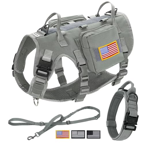 Forestpaw Tactical Dog Harness for Large Dogs,Tactical Dog Collar with Bungee Leash Set,No Pull Military Dog Harness for Walking Training,Adjustable for Medium Large Dogs,Gray,Chest 19.5-41.5"