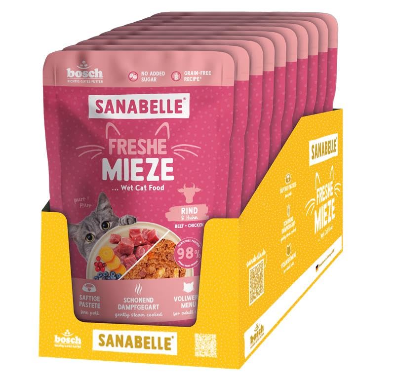 Sanabelle Freshe Mieze – Carne y Pollo, 10 Bolsas de 100 g Totalmente reciclables, Comida húmeda al Vapor para Gatos, Comida para Gatos como recién cocida, una Marca de Alimentos para Mascotas Bosch