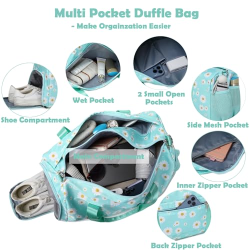 Sports Bag for Girls, Green Daisy Duffle Bag for Girl Women Gym Sports Ballet with Shoe Compartments, Girls Overnight Weekender Carry On Travel Bag3