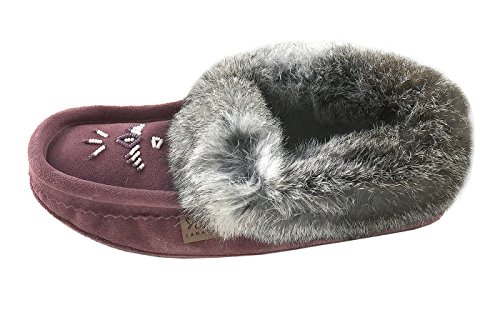 Laurentian Chief Women's Suede Slippers Rabbit Fur Collar Soft Sole Moccasins2