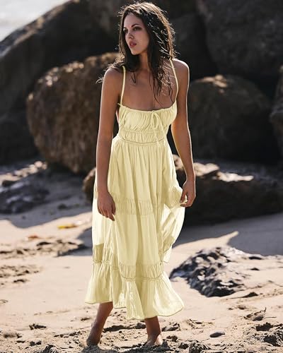Image of VIUTIL Flowy Maxi Dress for Women Summer Cotton Backless Beach Long Dress with Pockets 2026