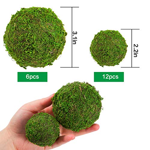 18 Pack Decorative Faux Dried Moss Balls- 6Pcs 3.1" Artificial Green Plant Mossy Globes+ 12Pcs 2.2" Handmade Sphere Moss Hanging Balls For Home Garden Decors Party Wedding Display Supplies Photo Props #TOP3