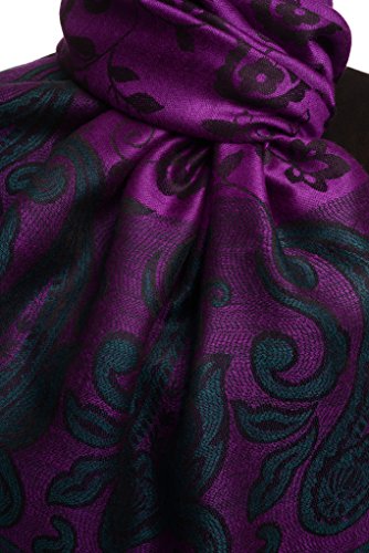 Pashmina violet à franges douceur thermique et imprimés fleuris