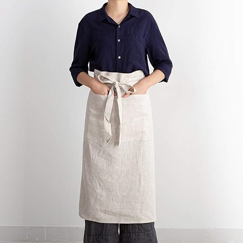 ATLINIA 100% Linen Apron with Buttons Adjustable Bib Apron with Pockets Linen Half Apron Bistro Apron