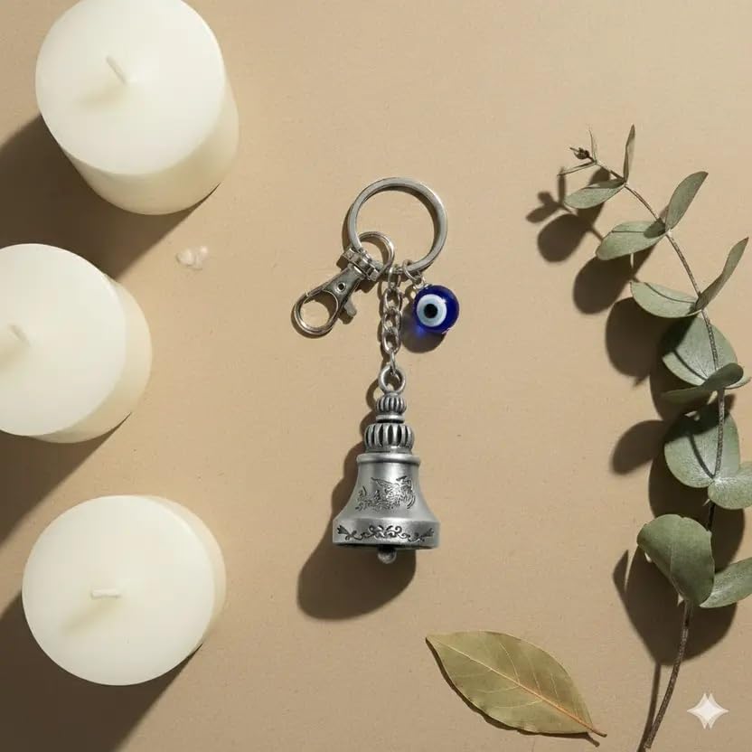 Image of Techpro Guardian Bell KeyChain Tibetan Key Chain Good Luck Key Chain For Bike (Silver Bell With Evil Eye)