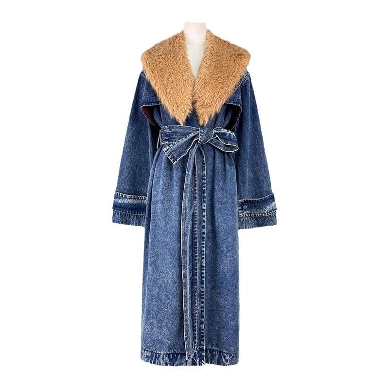 Womens Winter Warm removable fur collar Long Jean Jacket Denim maxi oversize Jacket Trench Coat with Belt4