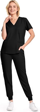 Scrubs for Women Set - 8-Pocket V-Neck Scrub Uniform, Stretch Jogger Pants, Medical Workwear for Nurses, Pet Care