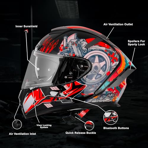 Image of Steelbird SBH-32 Trickster Bluetooth ISI and Dot Certified Full Face Helmet for Men and Women with Inner Smoke Sun Shield